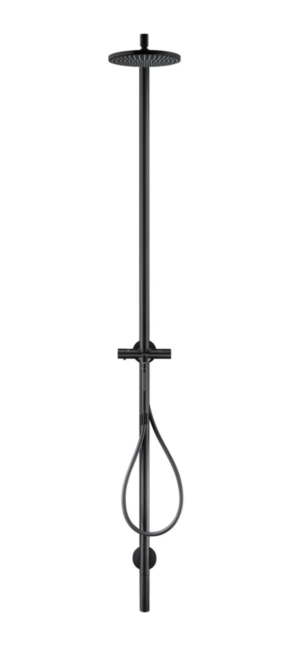Schwarze Duschsäule mit runder Kopfbrause und verstellbarem Handbrausehalter. Minimalistisches Design, hergestellt von AXOR.